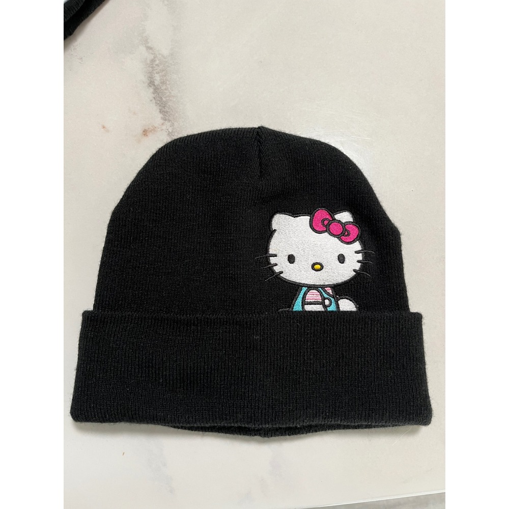 Hello Kitty Sanrio Beanie Hat Black OSFM Embroidered Knit Cuffed Winter Hat